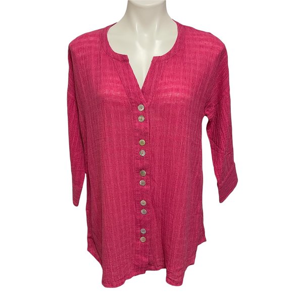 Soft Surroundings XS Hot Pink Linen Cotton Blend Textured Button Down Shirt - Picture 2 of 7